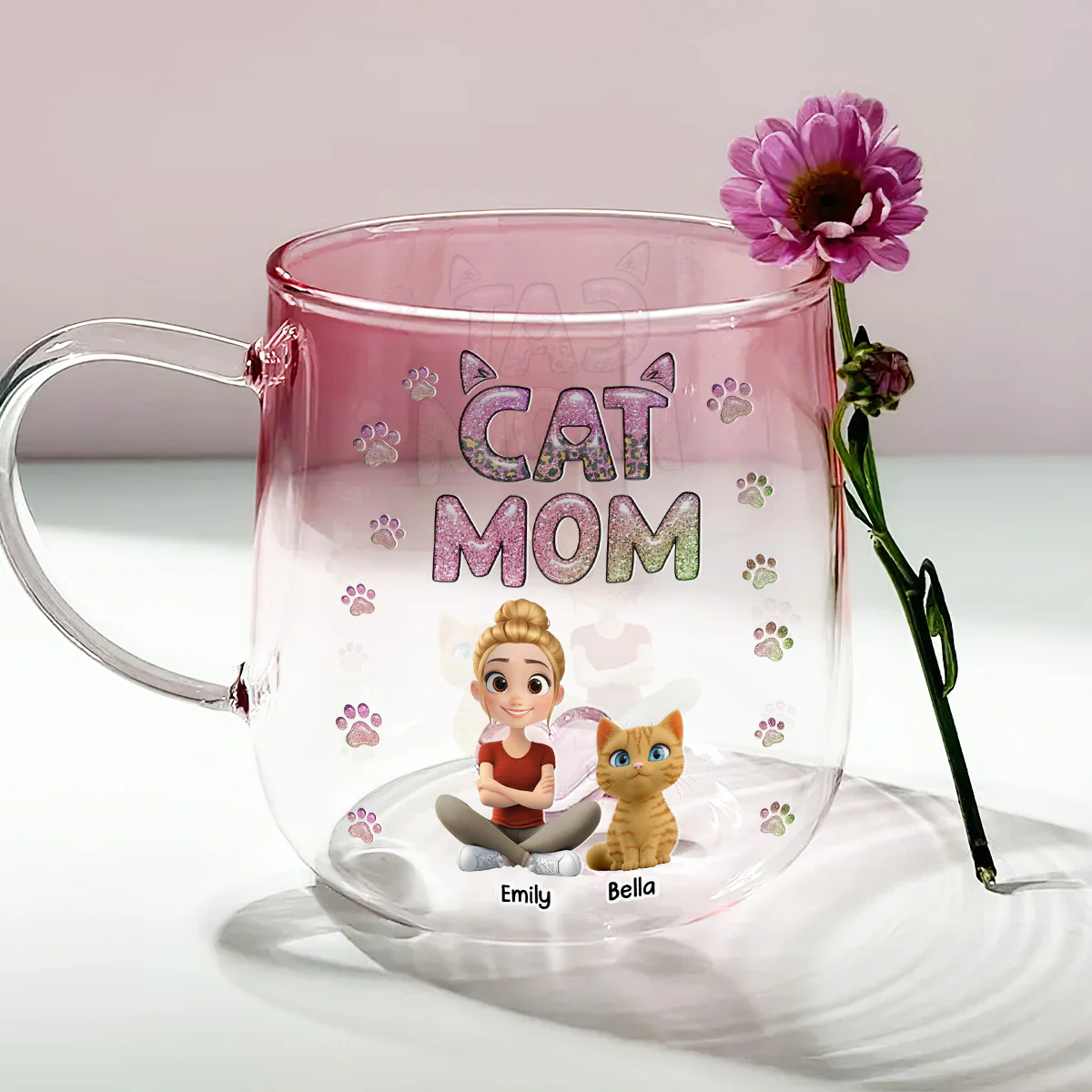 Cat Mom Lovely Chibi - Personalized Custom Pink Gradient Glass Mug - Image 2