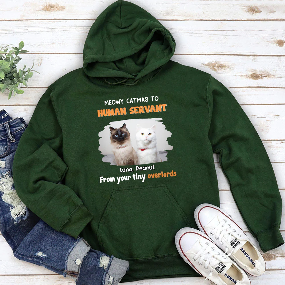 Cat Overlord And Human Servant Christmas Photo - Personalized Custom Hoodie - Image 3