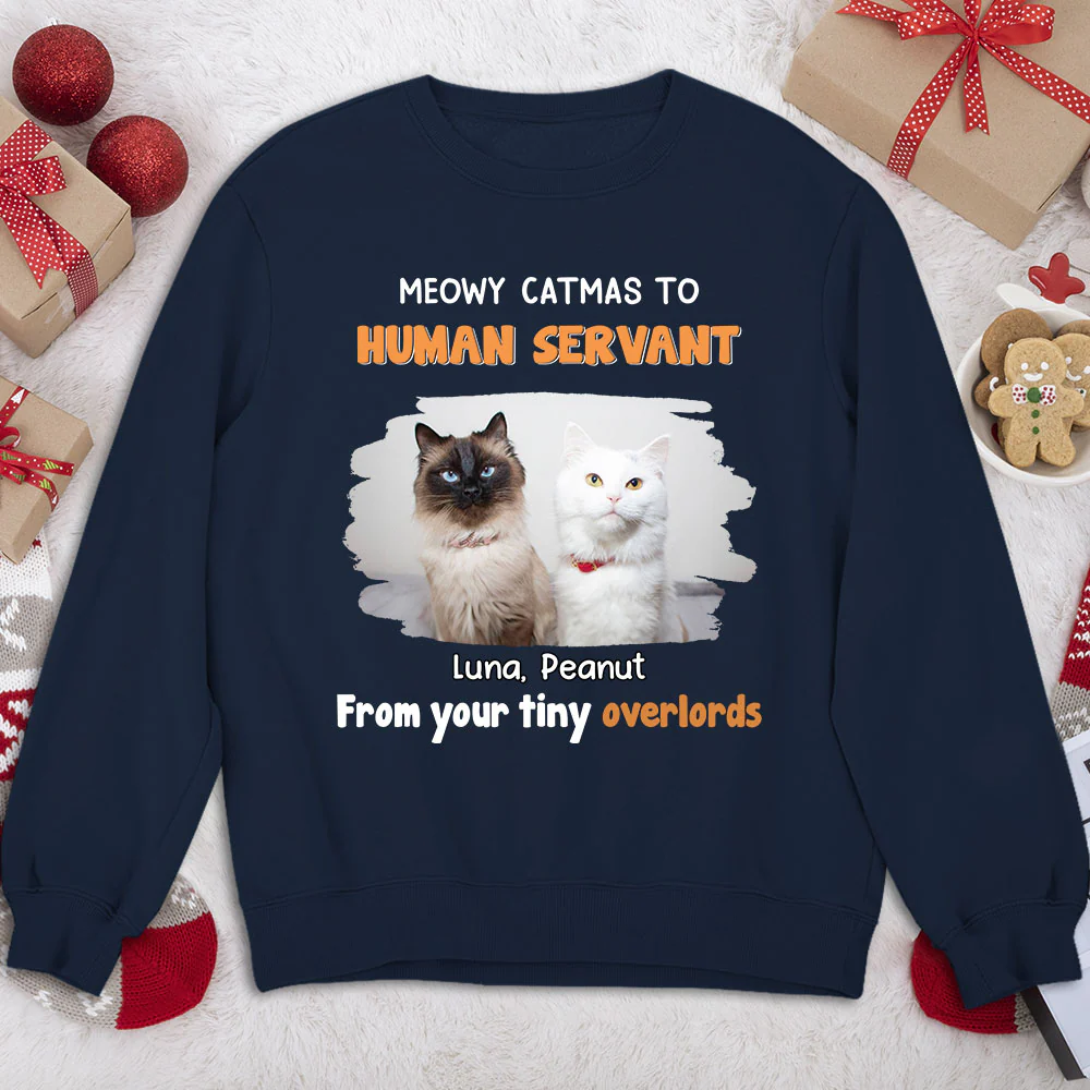 Cat Overlord And Human Servant Christmas Photo - Personalized Custom Sweatshirt - Image 2