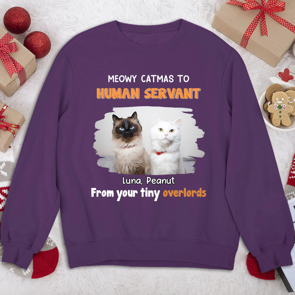Cat Overlord And Human Servant Christmas Photo - Personalized Custom Sweatshirt - Image 3