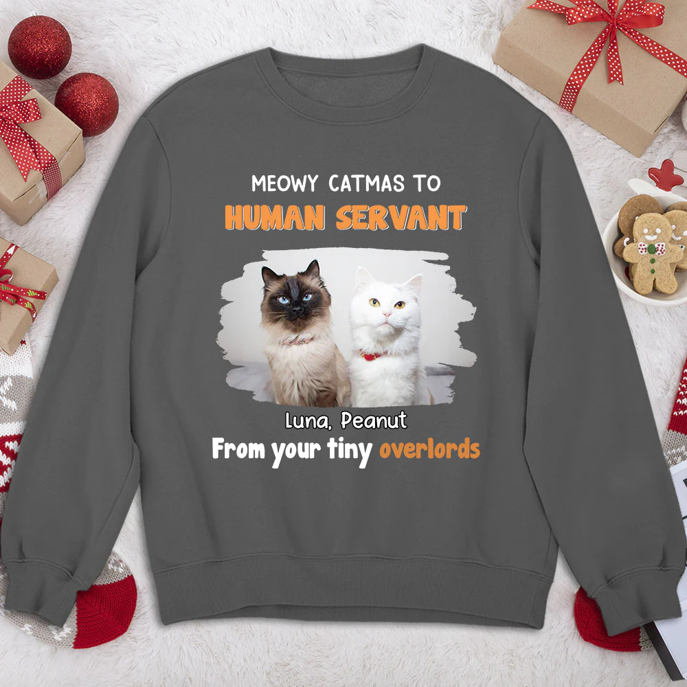 Cat Overlord And Human Servant Christmas Photo - Personalized Custom Sweatshirt - Image 4