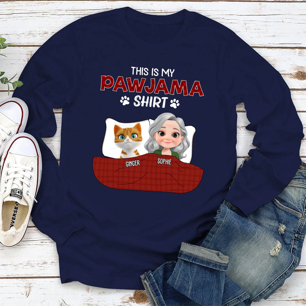 Cat Pawjama Shirt Dark Version - Personalized Custom Long Sleeve T-shirt - Image 2