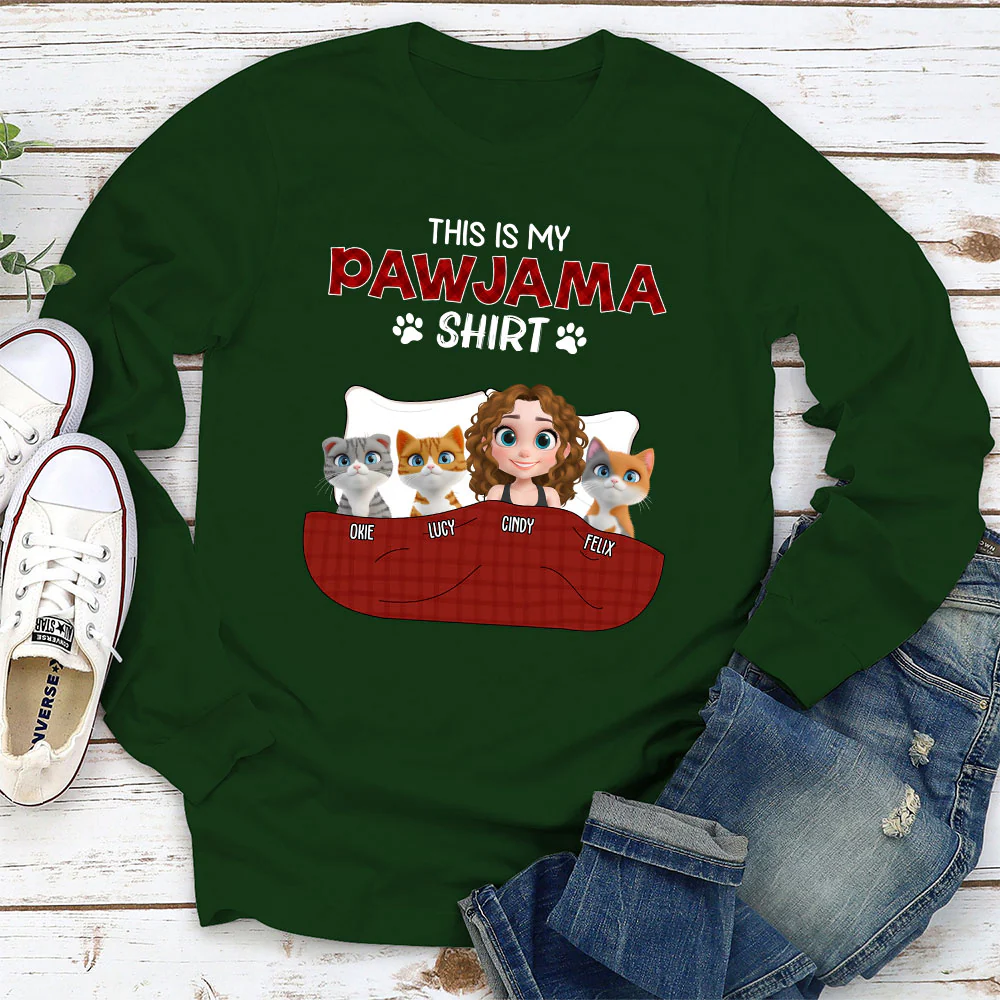 Cat Pawjama Shirt Dark Version - Personalized Custom Long Sleeve T-shirt - Image 3
