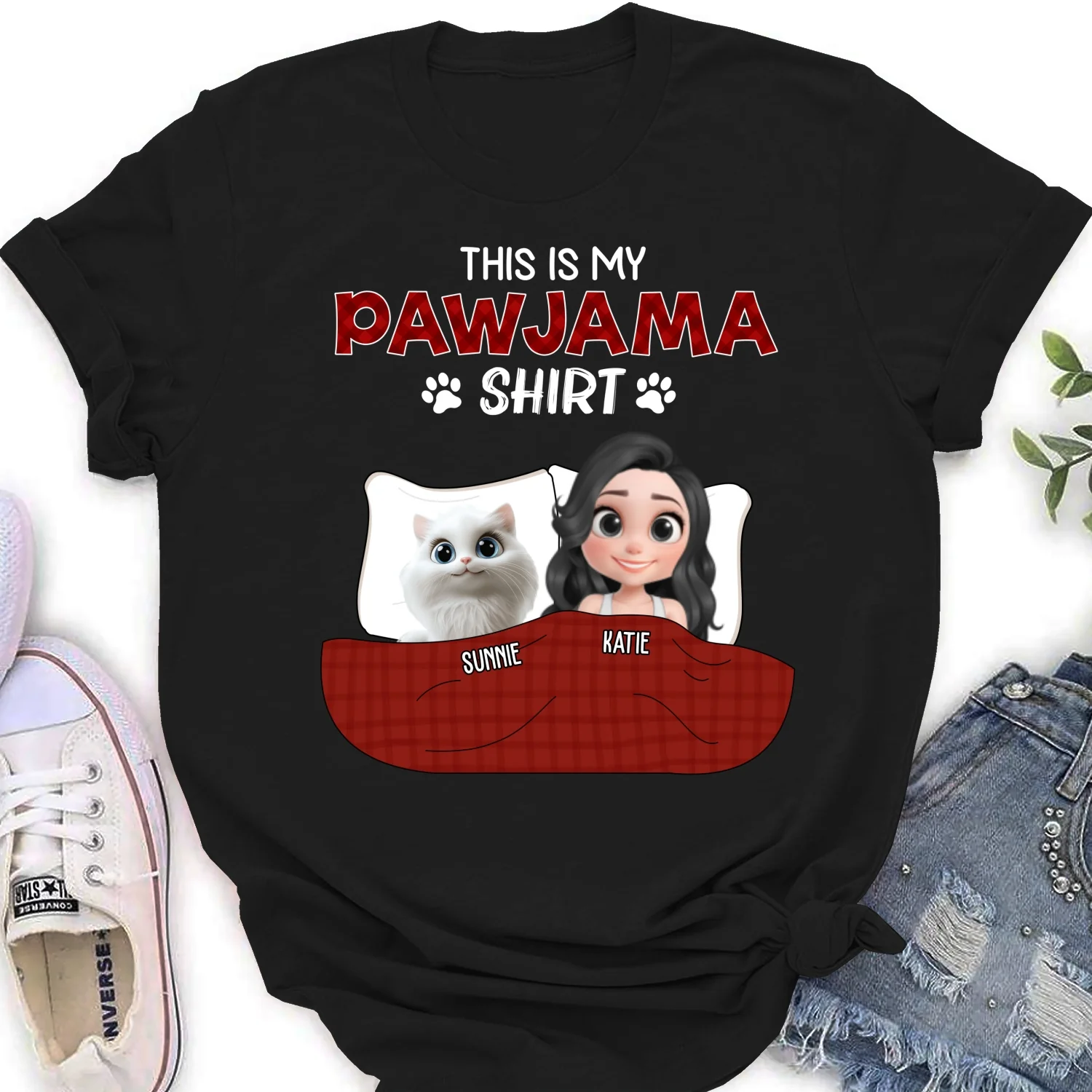 Cat Pawjama Shirt Dark Version - Personalized Custom Women's T-shirt - Image 6