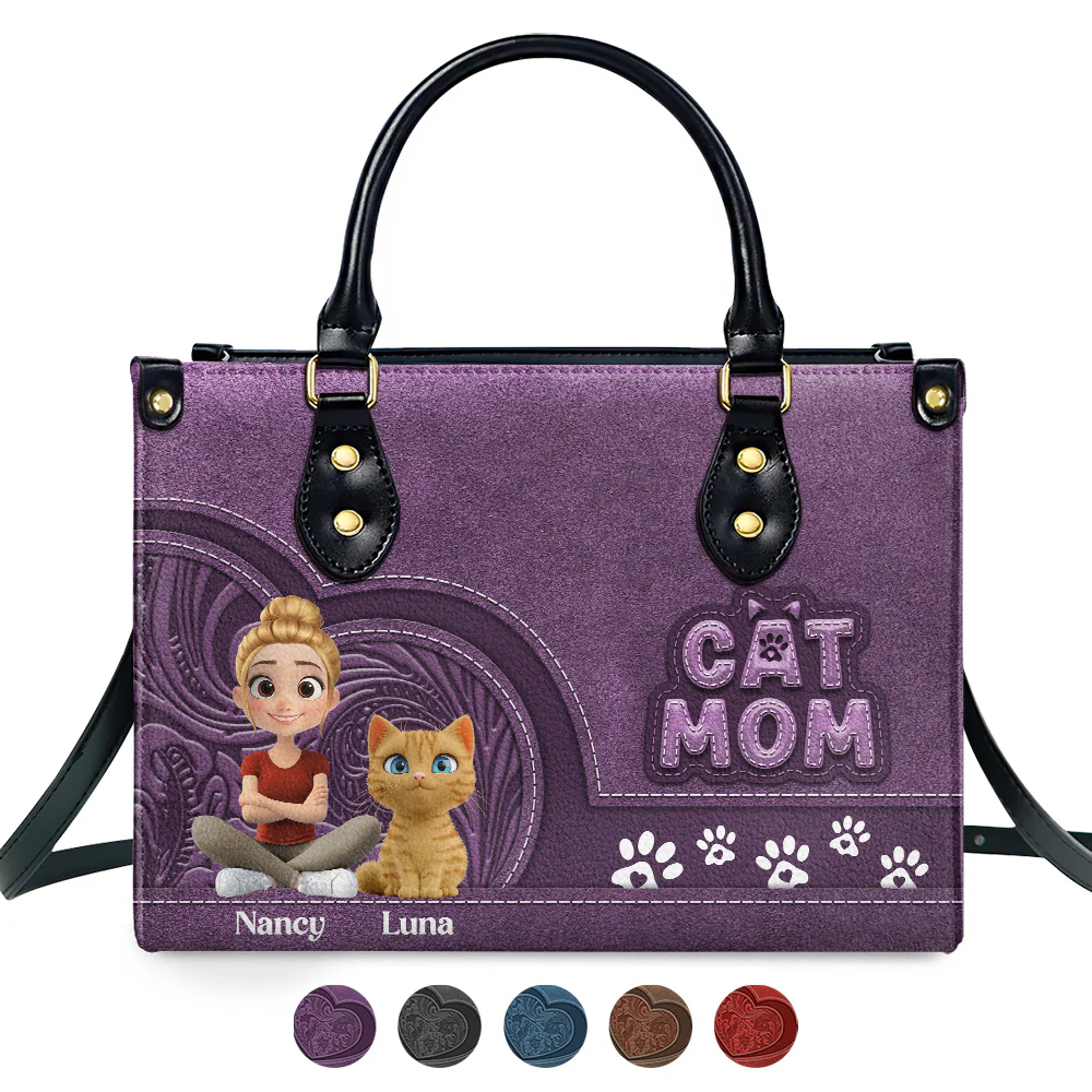 Chibi Cartoon Cat Mom - Personalized Custom Leather Bag