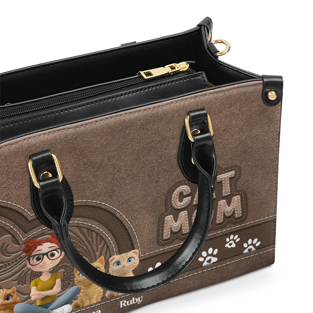 Chibi Cartoon Cat Mom - Personalized Custom Leather Bag - Image 2