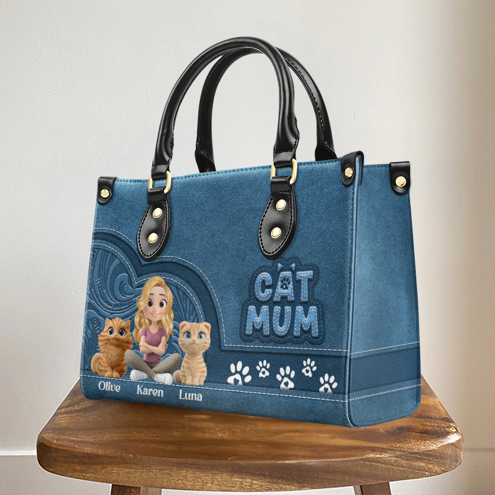 Chibi Cartoon Cat Mom - Personalized Custom Leather Bag - Image 4