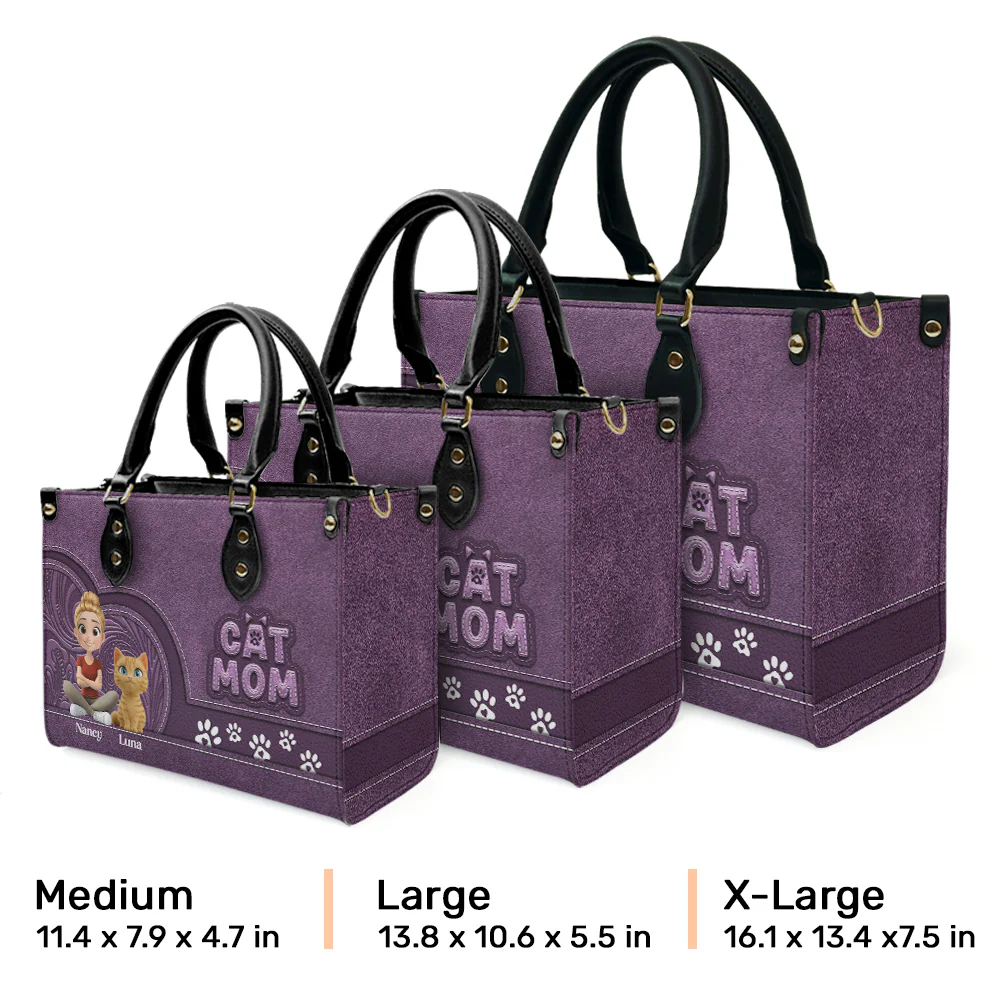 Chibi Cartoon Cat Mom - Personalized Custom Leather Bag - Image 6