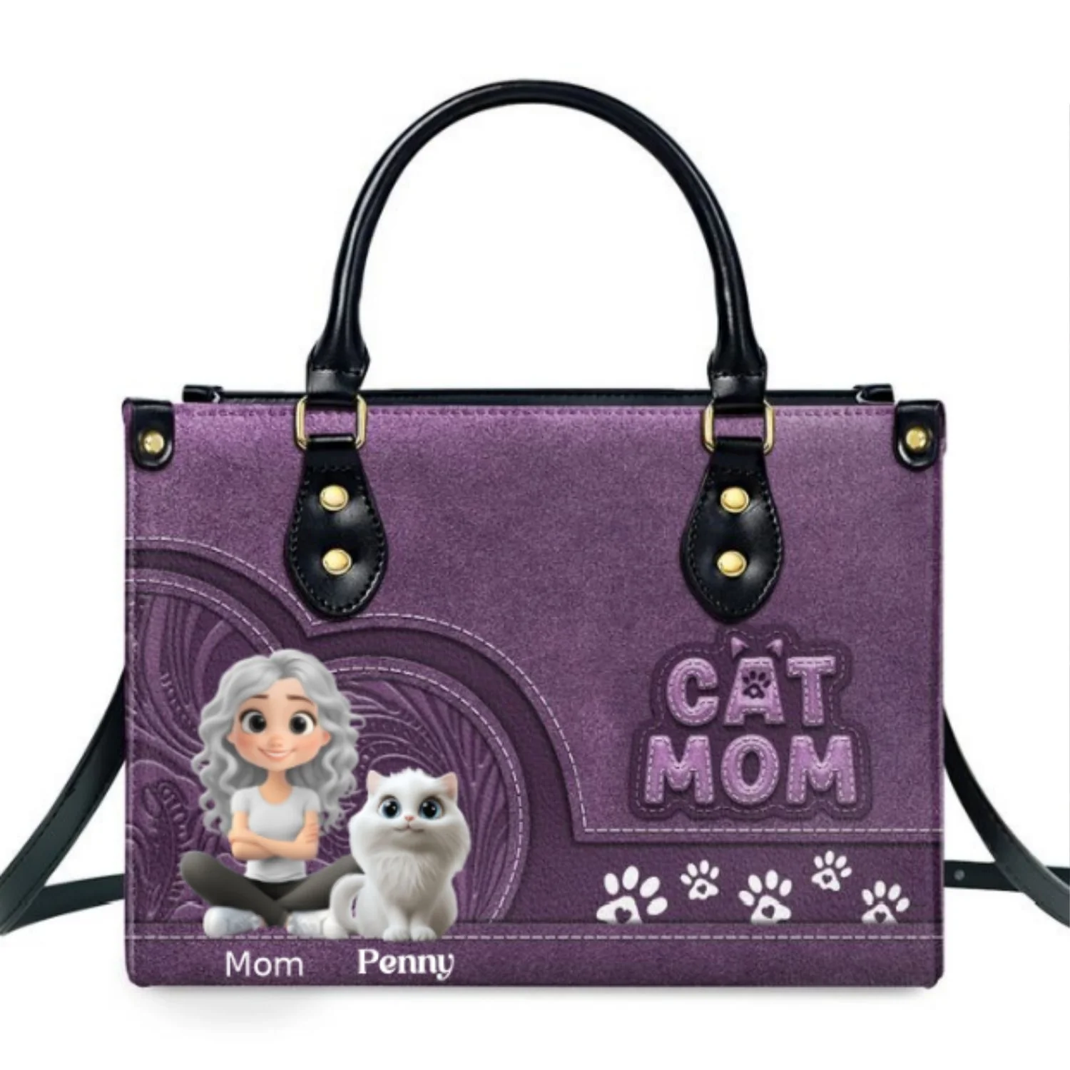 Chibi Cartoon Cat Mom - Personalized Custom Leather Bag - Image 7