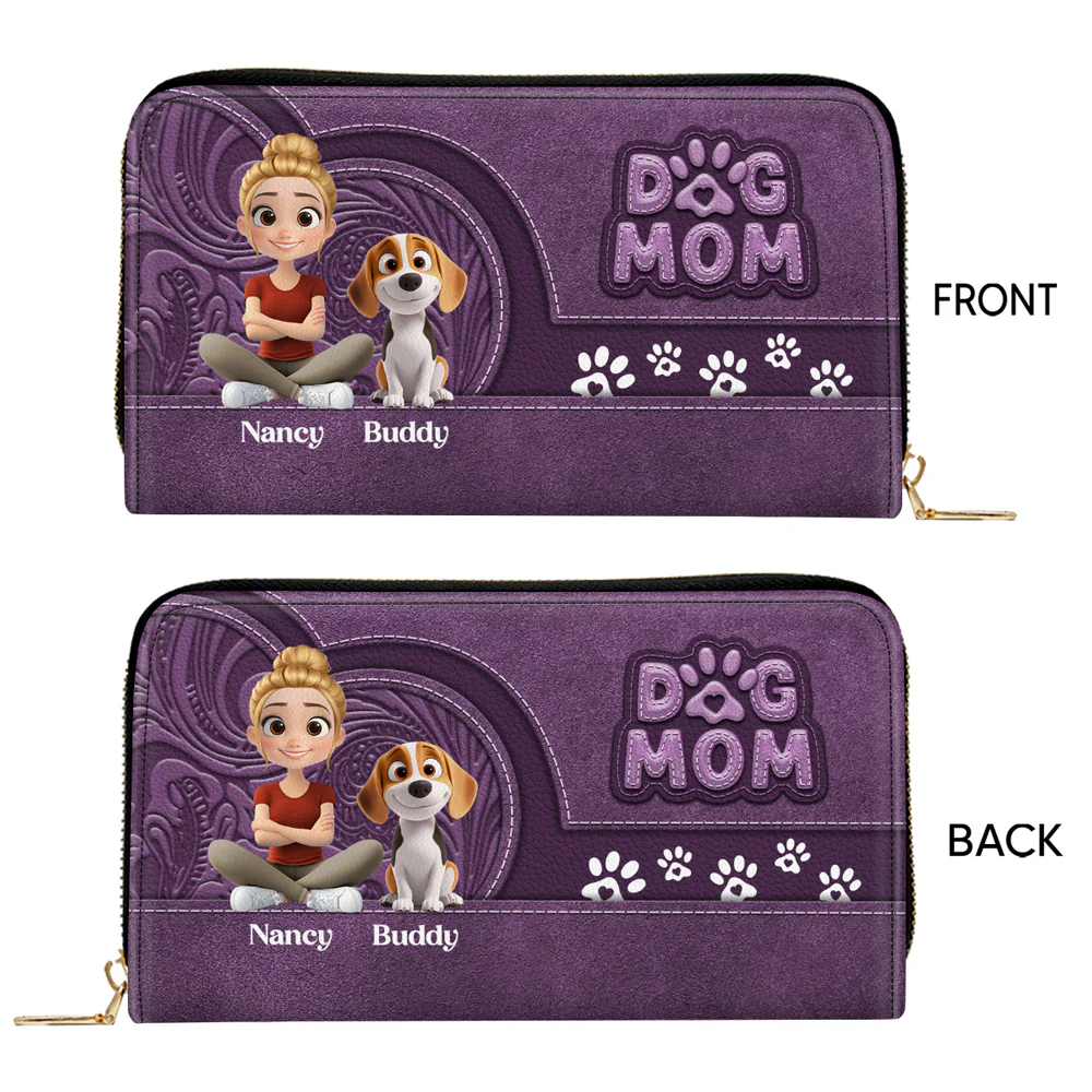 Chibi Cartoon Dog Mom - Personalized Custom Leather Wallet - Image 2