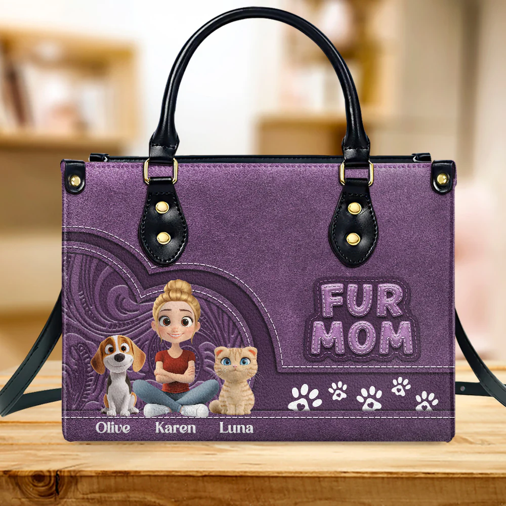 Chibi Cartoon Fur Mom - Personalized Custom Leather Bag - Image 2
