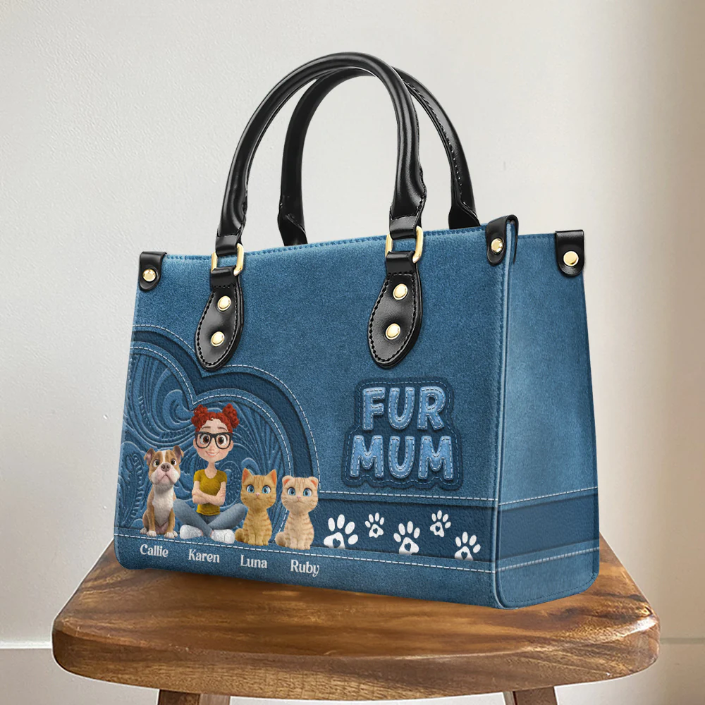 Chibi Cartoon Fur Mom - Personalized Custom Leather Bag - Image 4