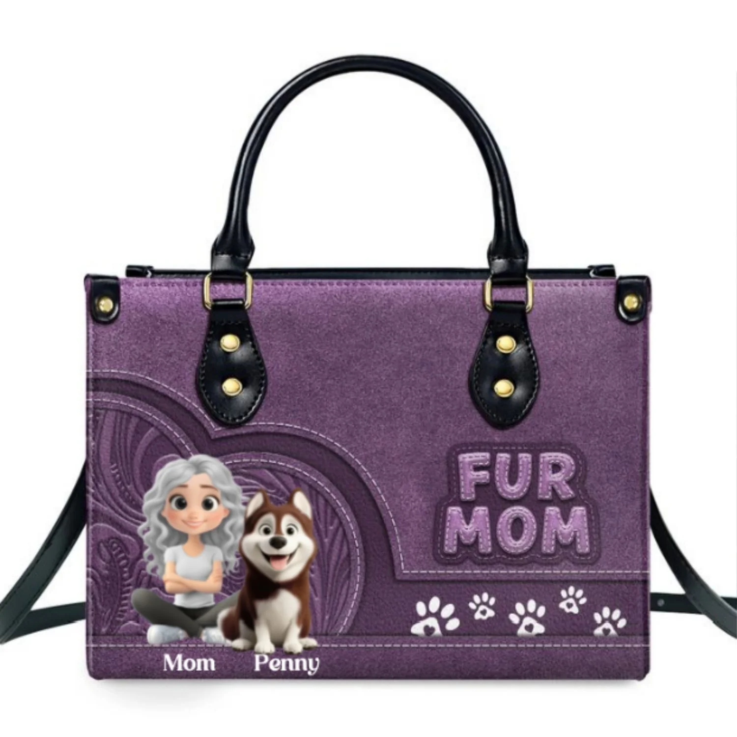 Chibi Cartoon Fur Mom - Personalized Custom Leather Bag - Image 7
