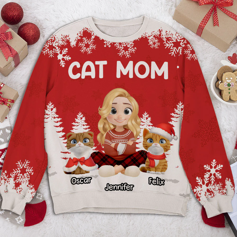 Christmas 2025 Cat Mom - Personalized Custom All-Over-Print Sweatshirt