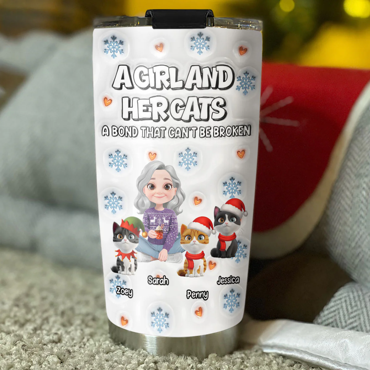 Christmas Day With Cat Mom Ver 2 - Personalized Custom 3D Inflated Effect Tumbler - Image 3