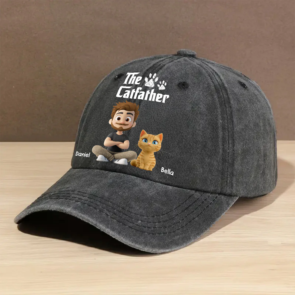 Cool Cat Father - Personalized Custom Vintage Washed Denim Cap - Image 2