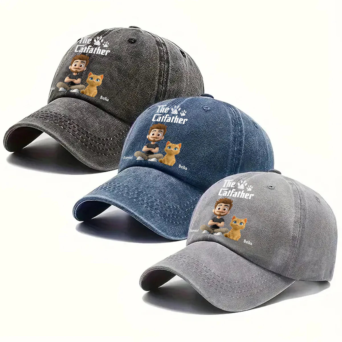 Cool Cat Father - Personalized Custom Vintage Washed Denim Cap - Image 4