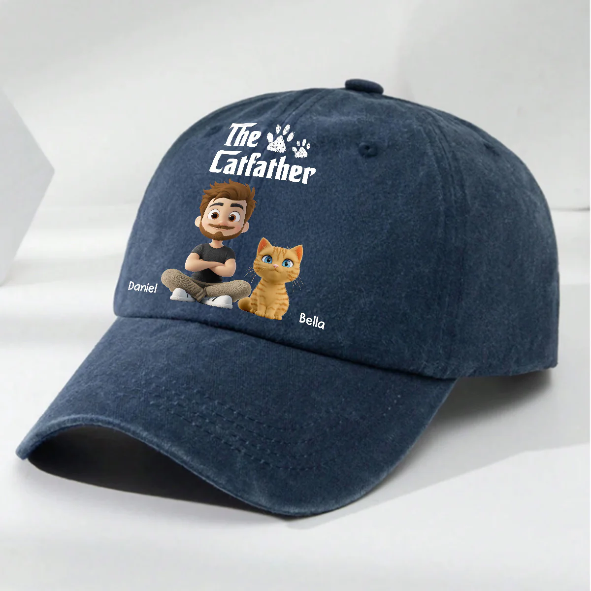 Cool Cat Father - Personalized Custom Vintage Washed Denim Cap - Image 5