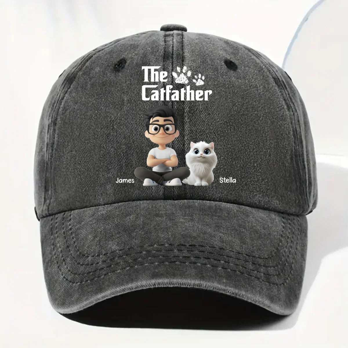 Cool Cat Father - Personalized Custom Vintage Washed Denim Cap - Image 7