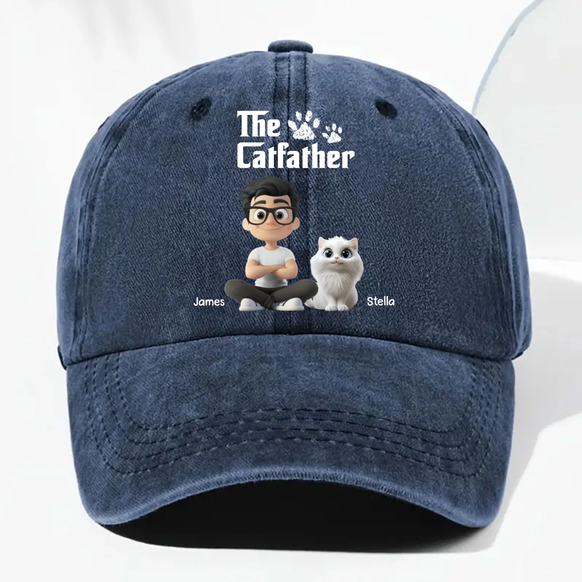 Cool Cat Father - Personalized Custom Vintage Washed Denim Cap - Image 9