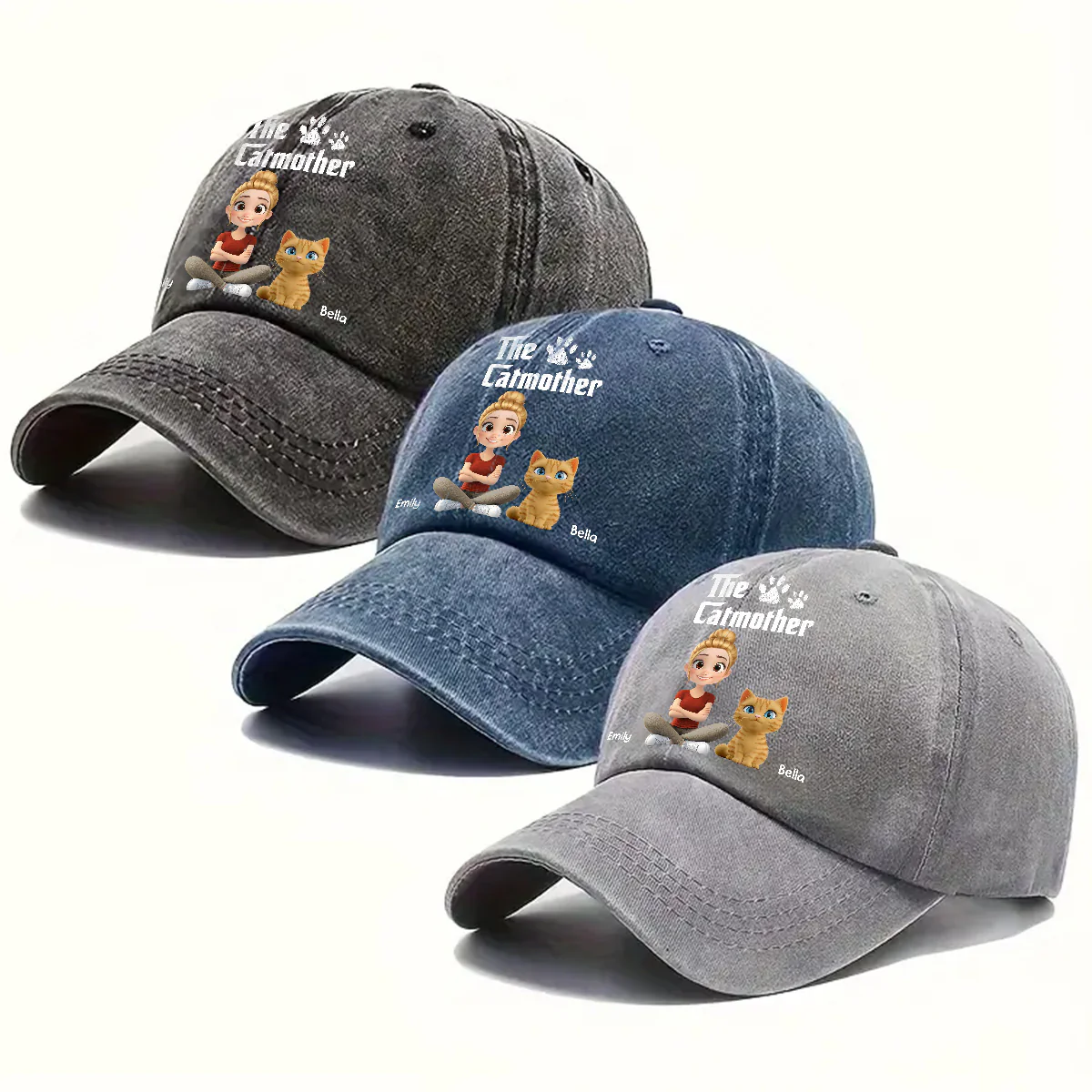 Cool Cat Mother - Personalized Custom Vintage Washed Denim Cap - Image 4