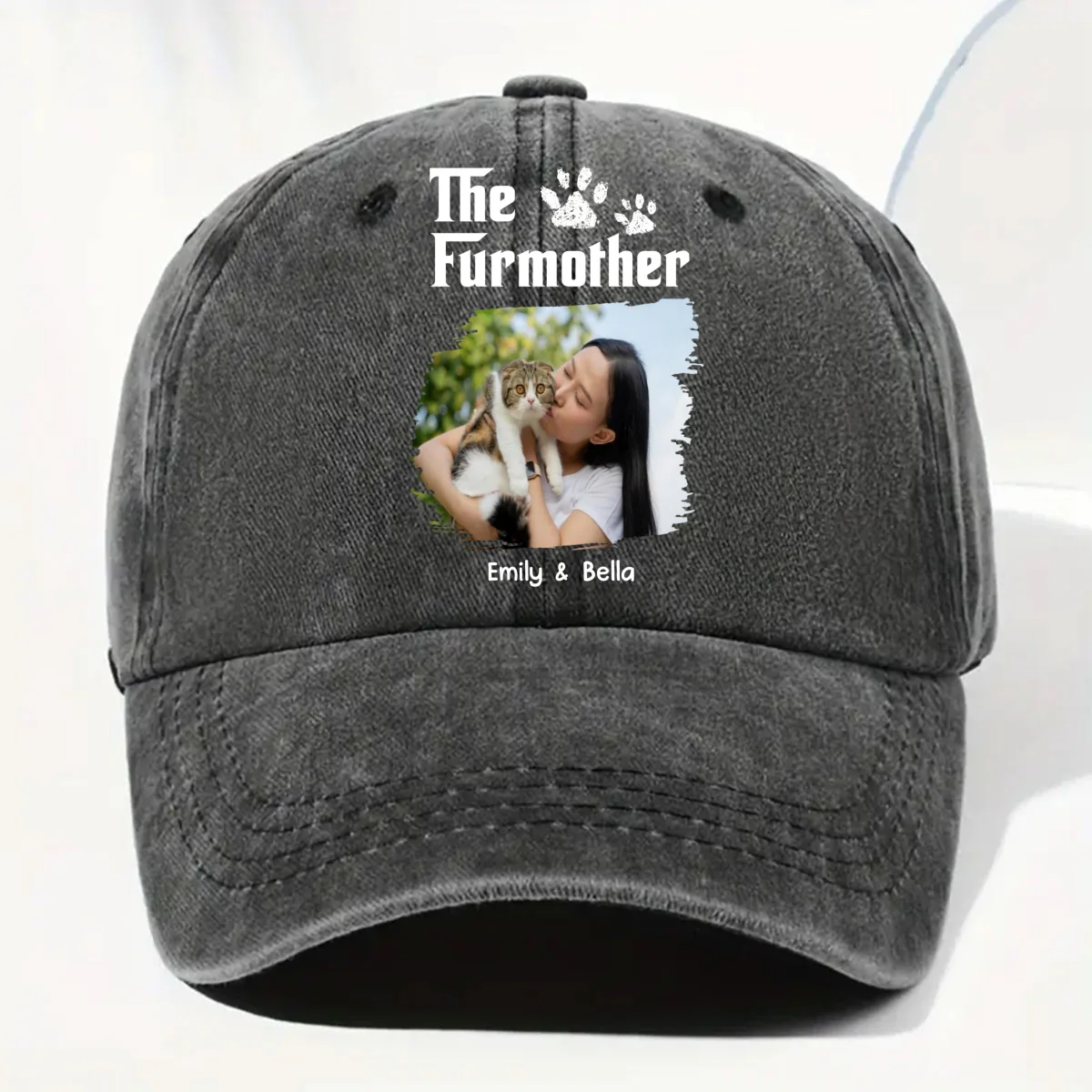 Cool Cat Mother Photo - Personalized Custom Vintage Washed Denim Cap - Image 4