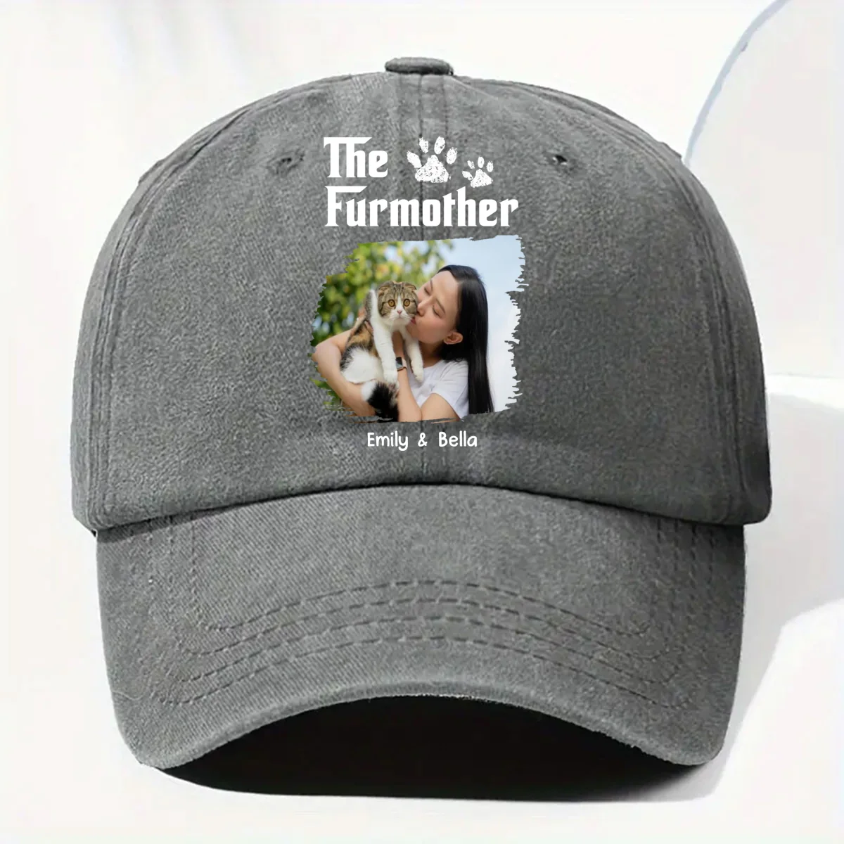 Cool Cat Mother Photo - Personalized Custom Vintage Washed Denim Cap - Image 5