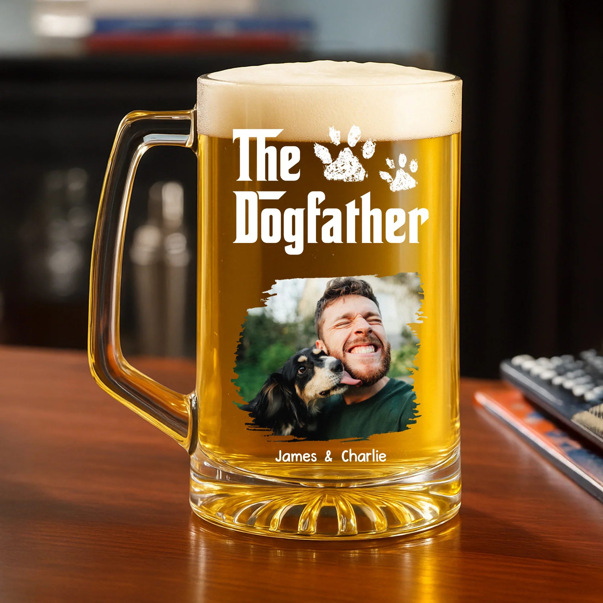 Cool Dog Father Photo - Personalized Custom Beer Glass With Handle - Image 2