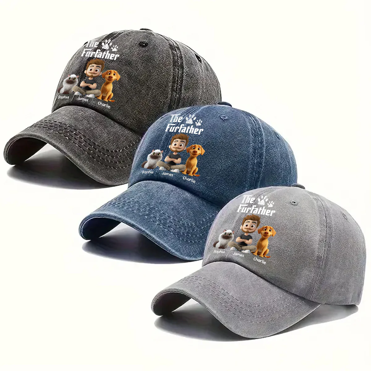 Cool Fur Father - Personalized Custom Vintage Washed Denim Cap - Image 4