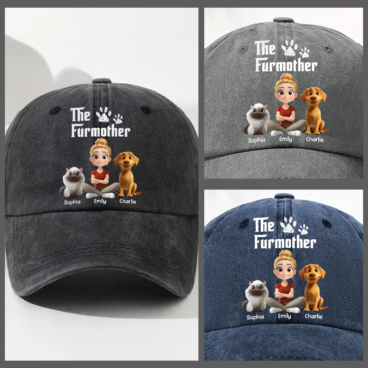 Cool Fur Mother - Personalized Custom Vintage Washed Denim Cap - Image 3