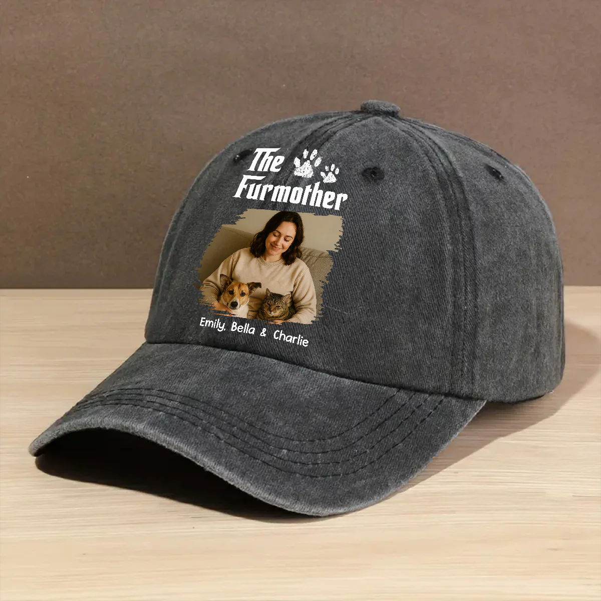 Cool Fur Mother Photo - Personalized Custom Vintage Washed Denim Cap - Image 2