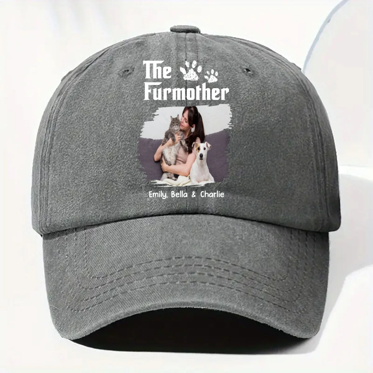 Cool Fur Mother Photo - Personalized Custom Vintage Washed Denim Cap - Image 5