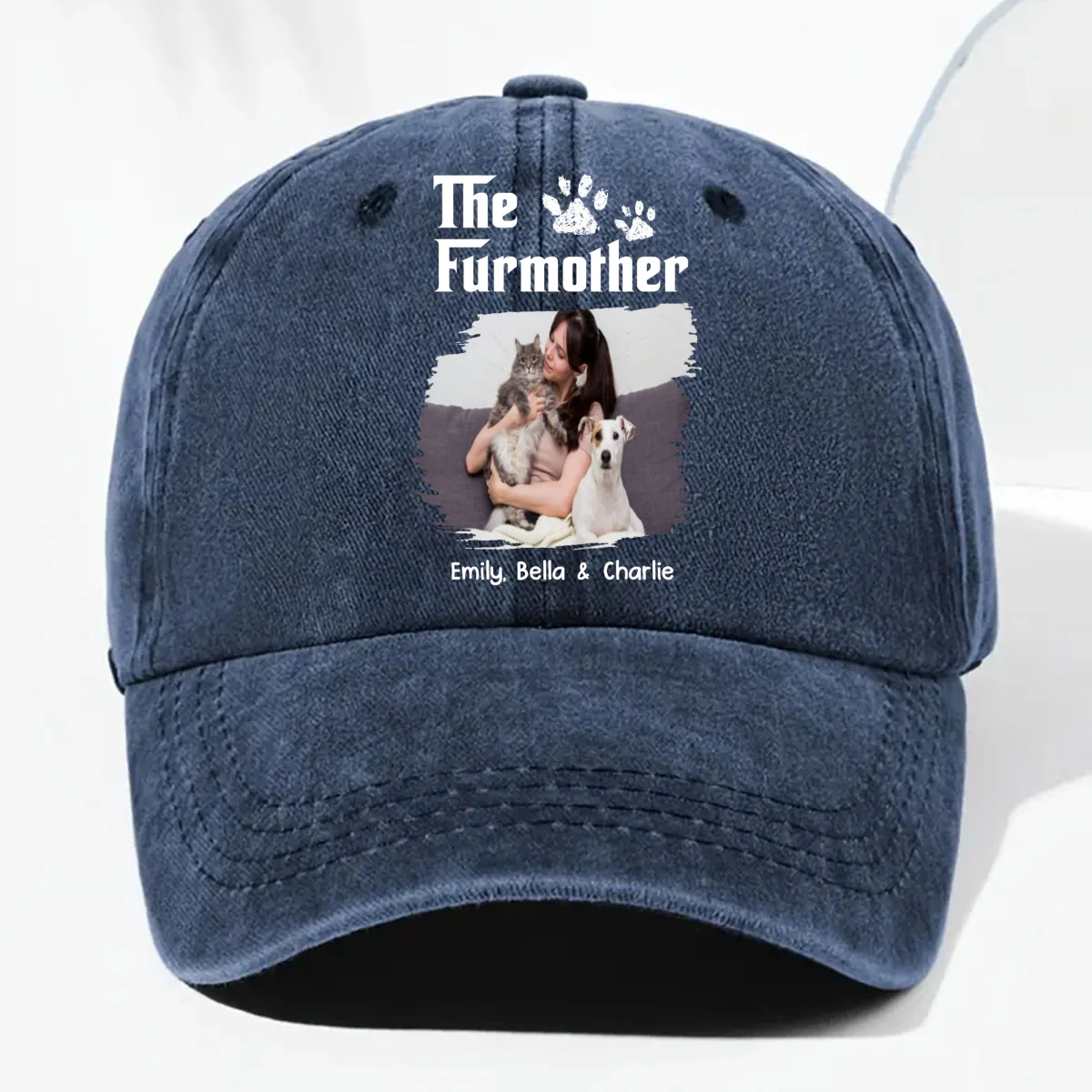 Cool Fur Mother Photo - Personalized Custom Vintage Washed Denim Cap - Image 6