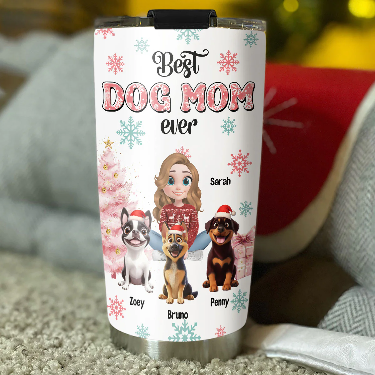 Cozy Dog Mom In Winter - Personalized Custom Tumbler - Image 3