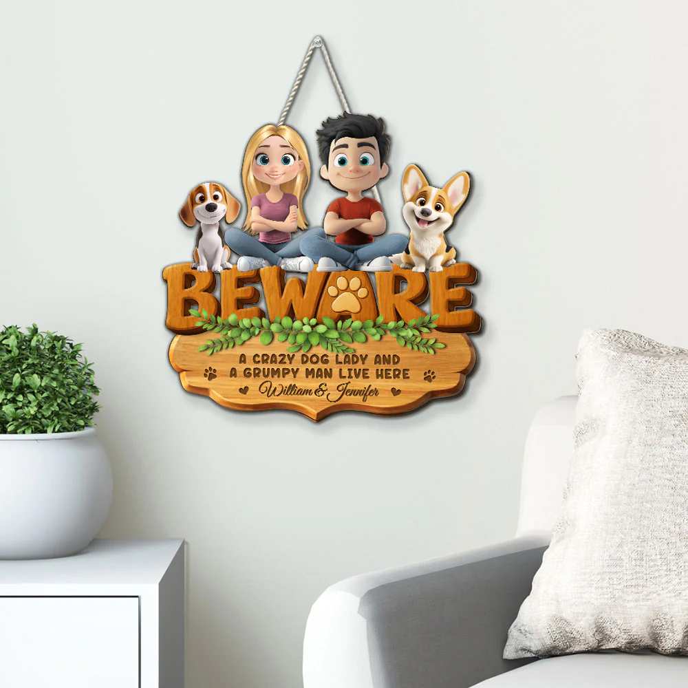 Crazy Dog Lady And Grumpy Man - Personalized Custom 3D Effect Wood Sign - Image 3