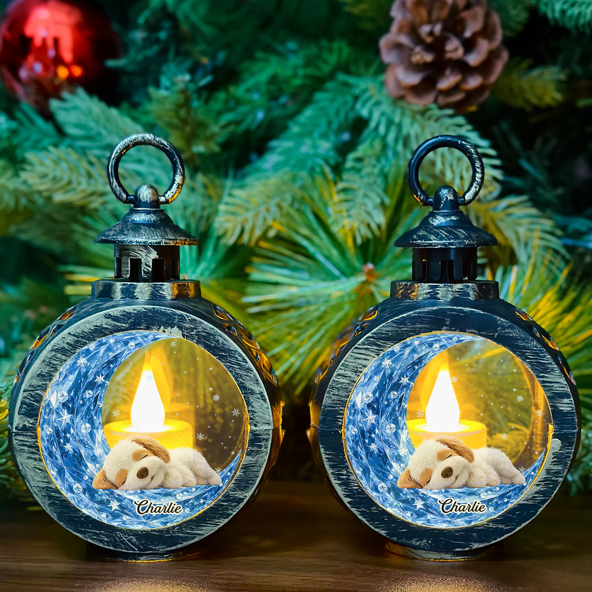 Crystal Moon And Dog - Personalized Custom 3D Effect Christmas Lantern - Image 2