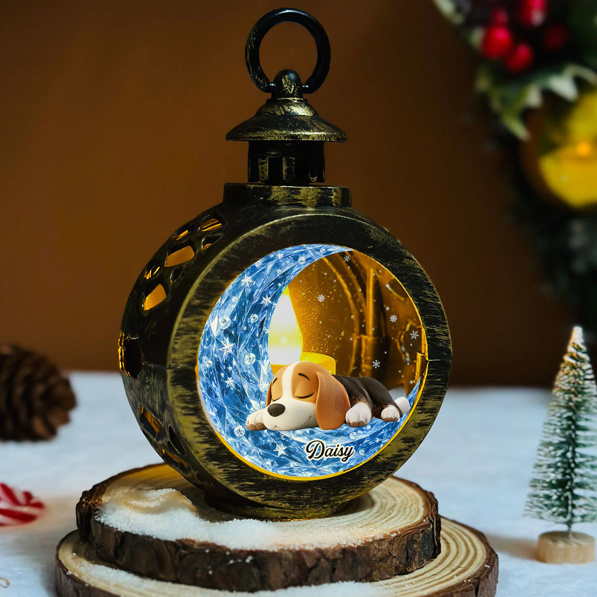 Crystal Moon And Dog - Personalized Custom 3D Effect Christmas Lantern - Image 3