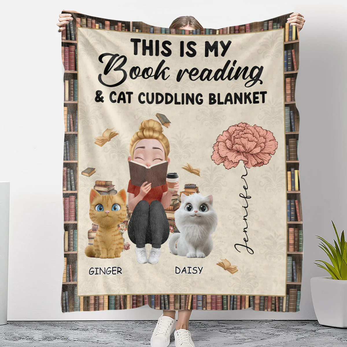 Cuddling With Cat In Books - Personalized Custom Fleece Blanket
