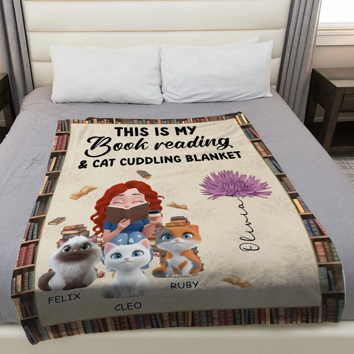 Cuddling With Cat In Books - Personalized Custom Fleece Blanket - Image 3