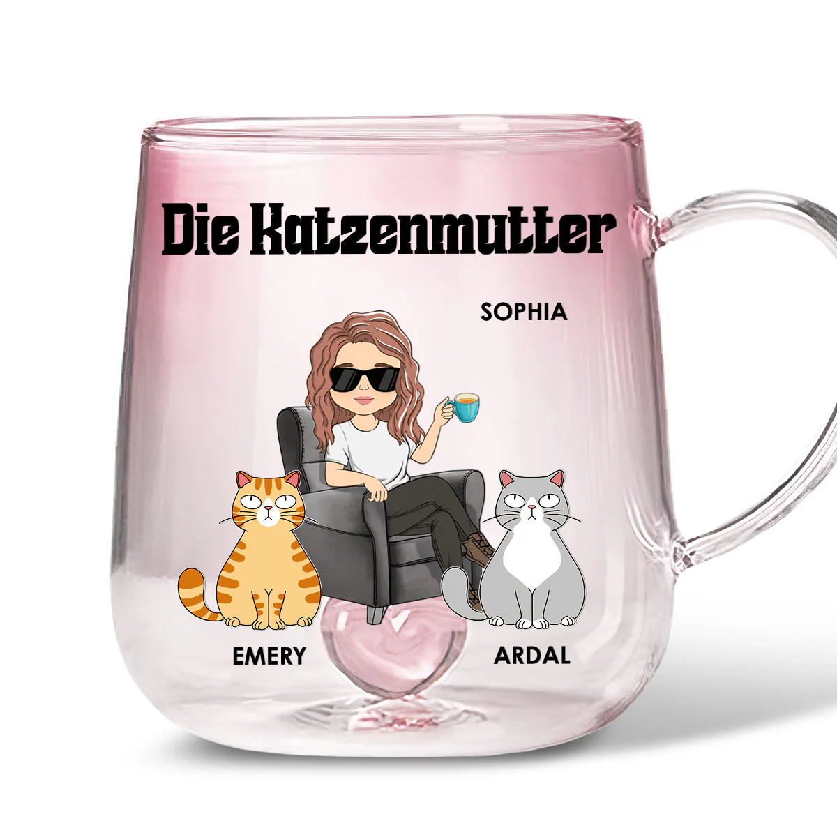 Die Katzenmutter - Personalisierte Glastasse mit Rosa-Verlauf
