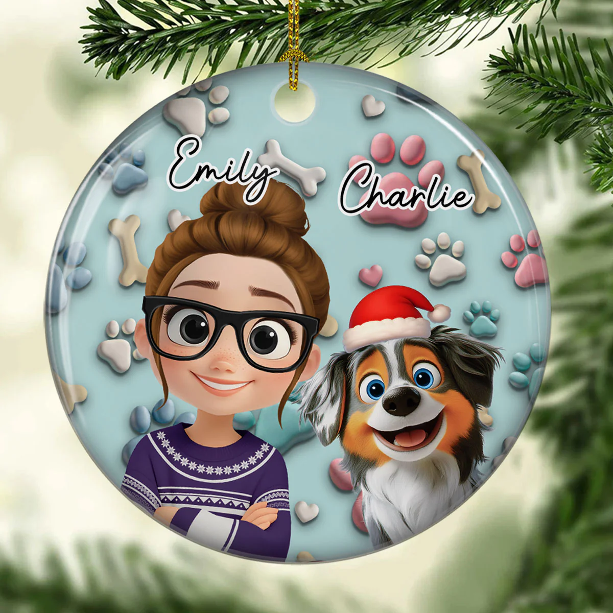 Dog And Human Cartoon - Personalized Custom 3D Effect Ceramic Ornament - Image 3