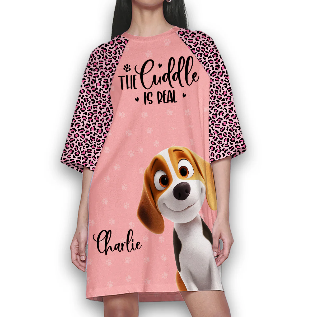 Dog Cartoon Snuggle - Personalized Custom 3/4 Sleeve Dress
