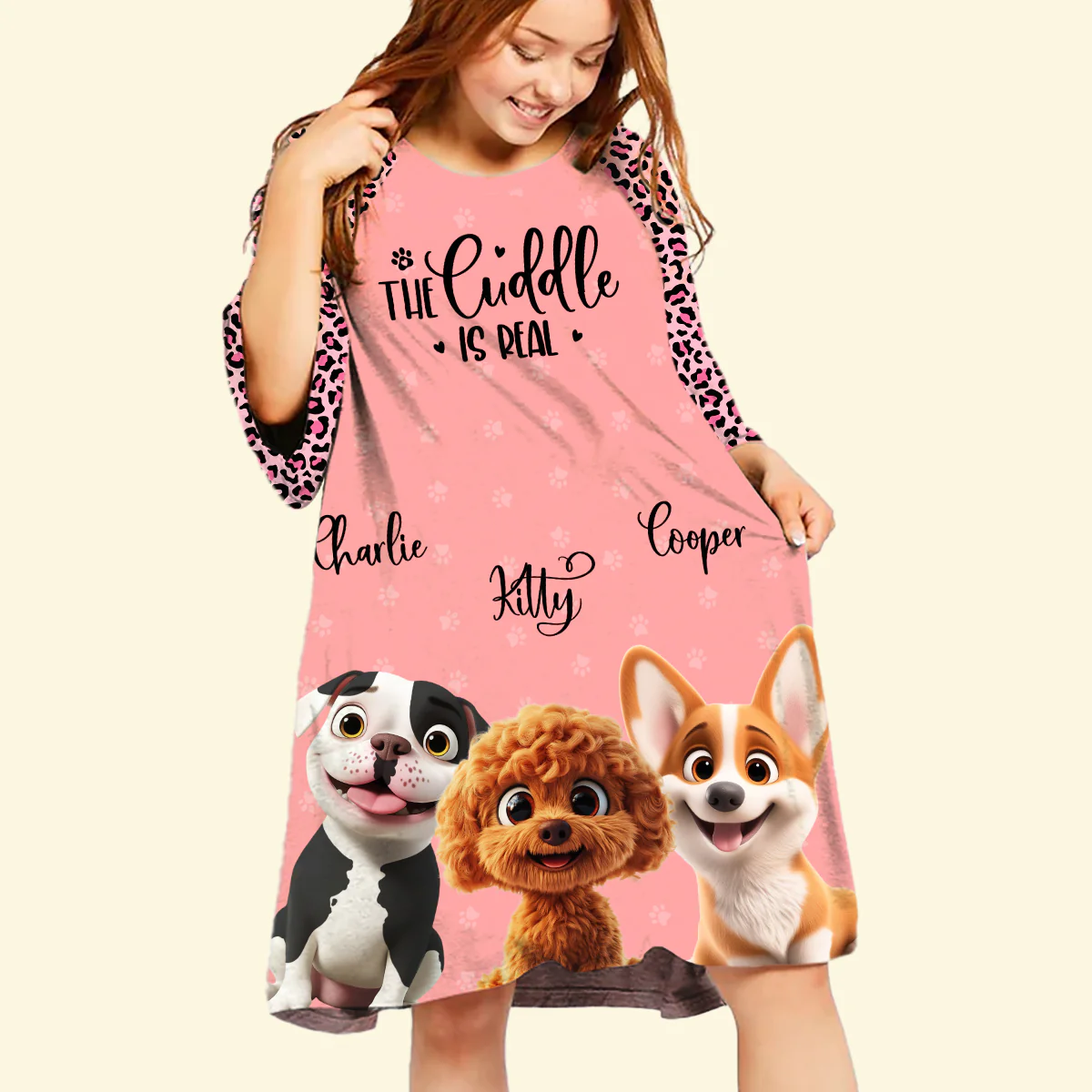 Dog Cartoon Snuggle - Personalized Custom 3/4 Sleeve Dress - Image 2