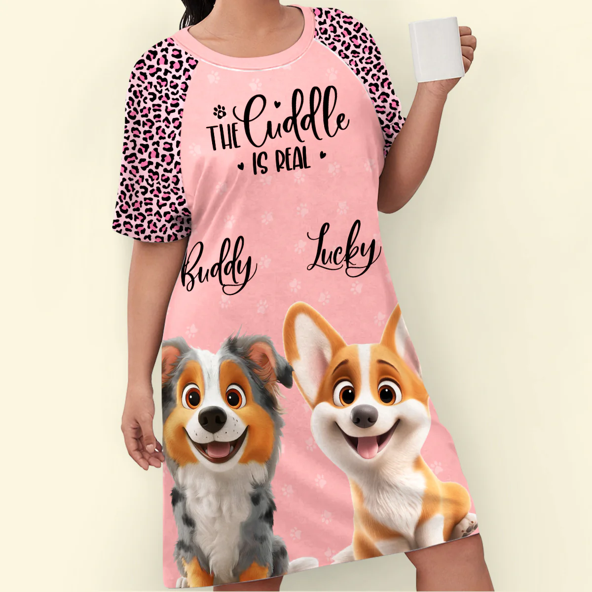 Dog Cartoon Snuggle - Personalized Custom 3/4 Sleeve Dress - Image 4
