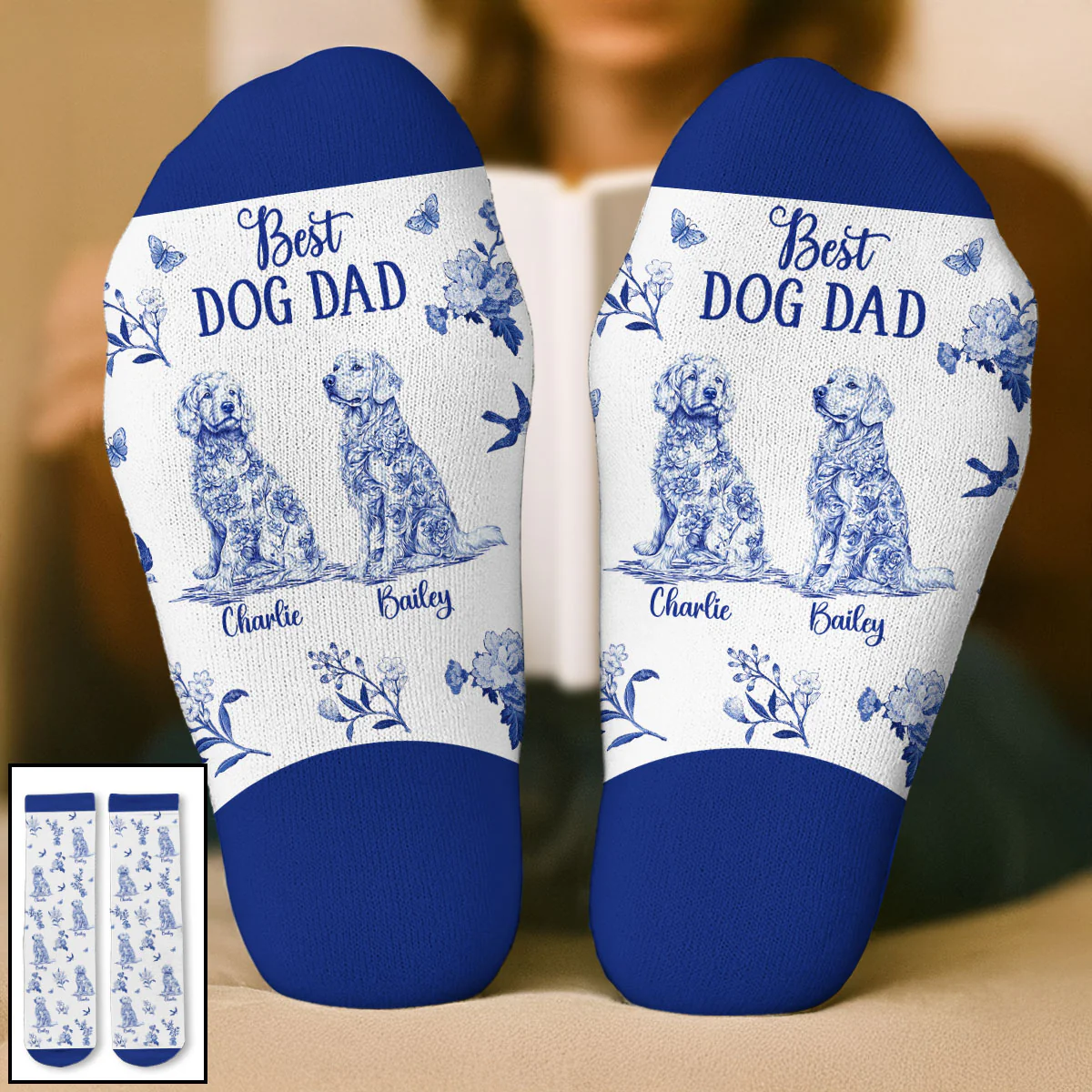 Dog Mom Blue Toile - Personalized Custom Crew Socks - Image 2