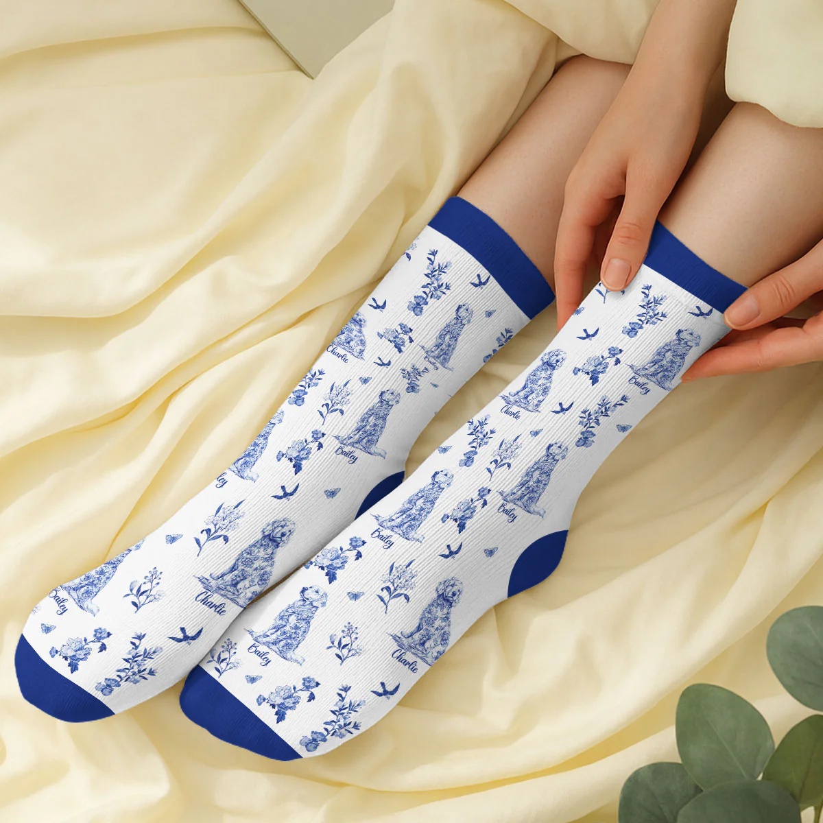 Dog Mom Blue Toile - Personalized Custom Crew Socks - Image 3