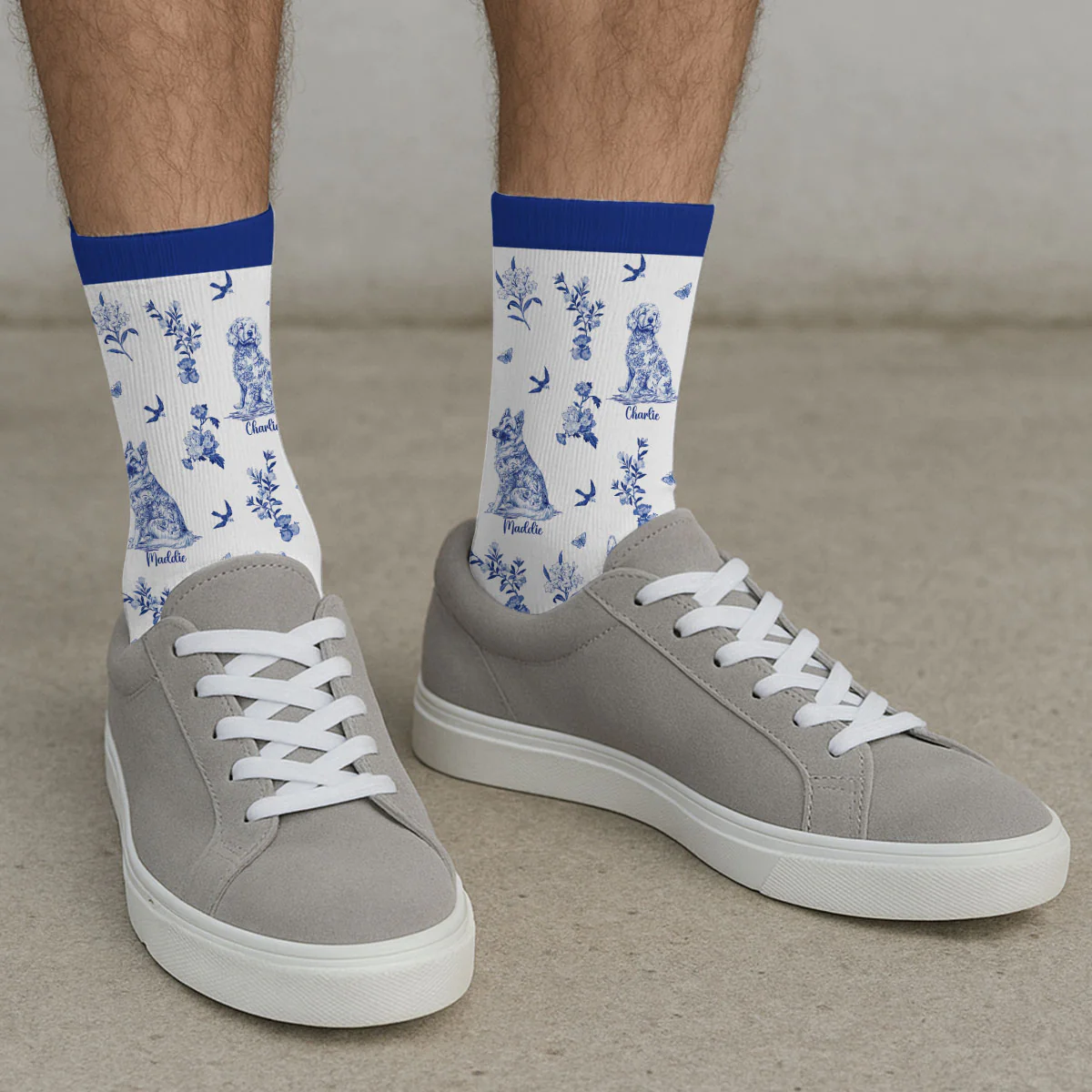 Dog Mom Blue Toile - Personalized Custom Crew Socks - Image 4