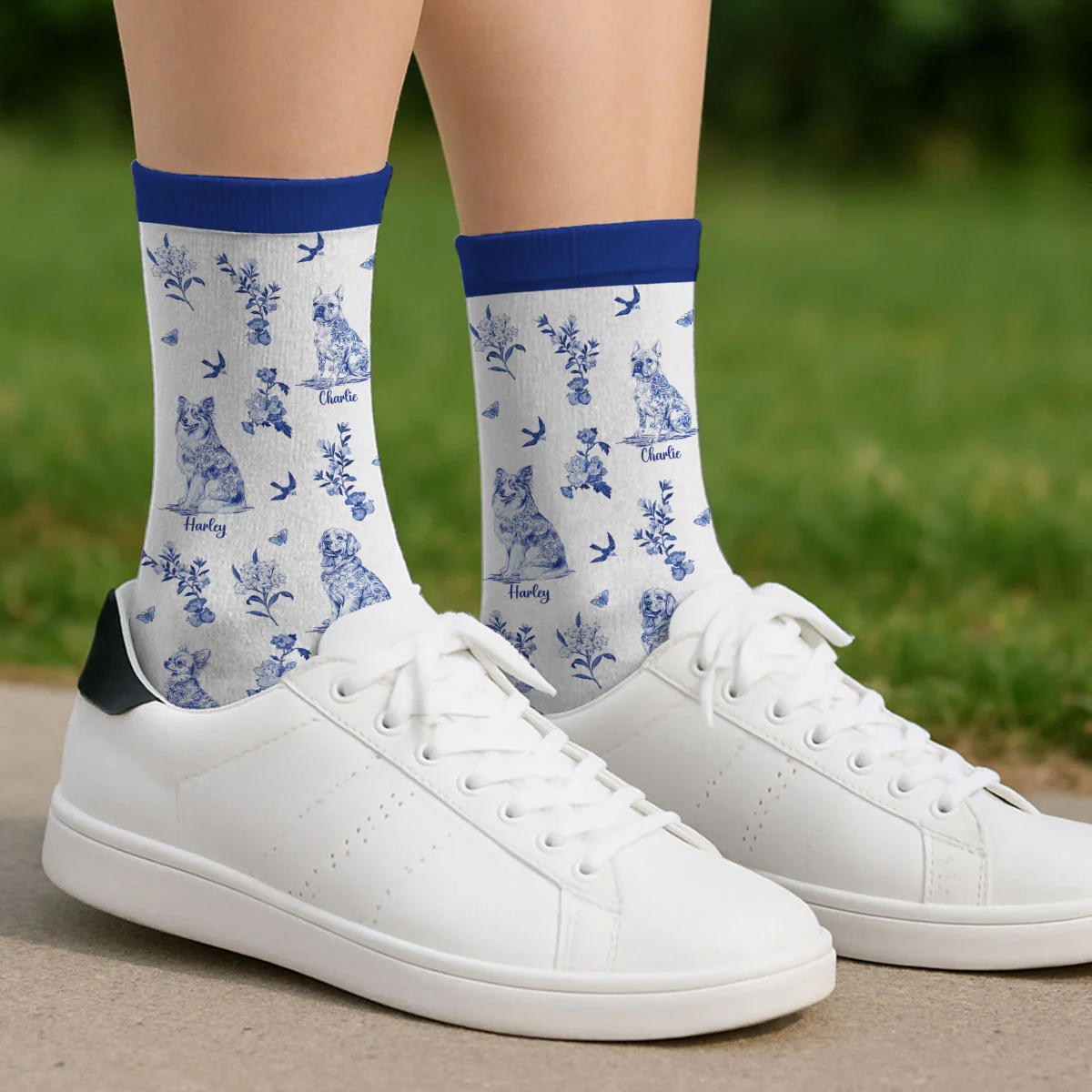 Dog Mom Blue Toile - Personalized Custom Crew Socks - Image 5