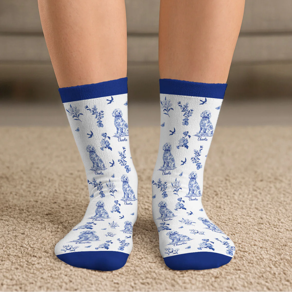 Dog Mom Blue Toile - Personalized Custom Crew Socks - Image 6
