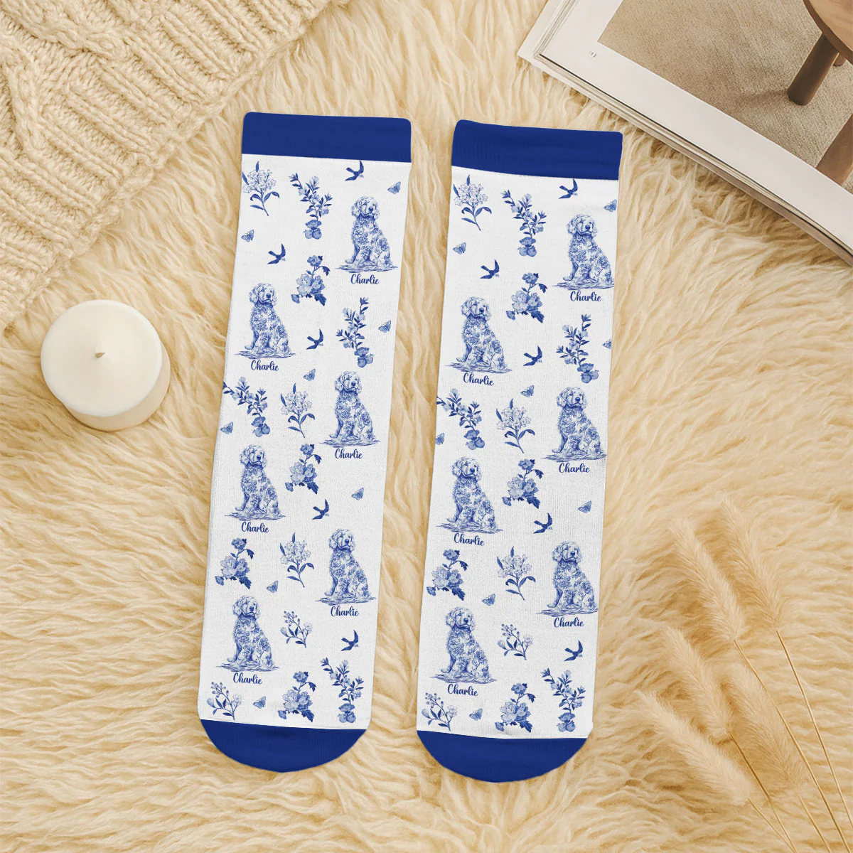 Dog Mom Blue Toile - Personalized Custom Crew Socks - Image 7